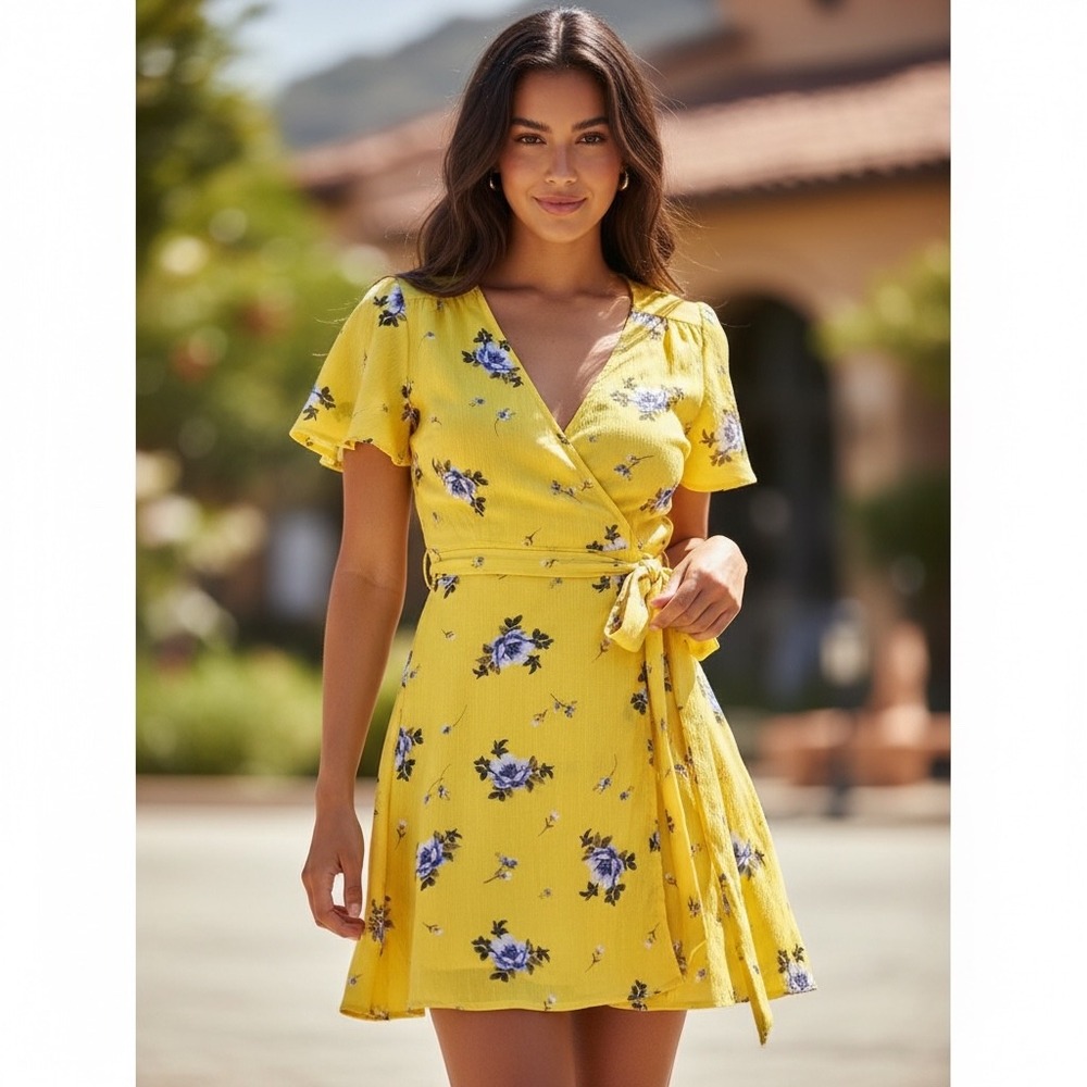 Blashe Womens Yellow Floral Wrap Dress Short Sleeve V-Neck Mini ID3837-U482 L